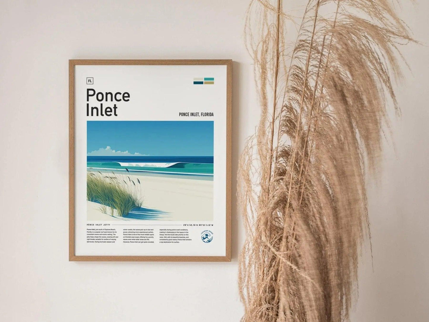 Ponce Inlet Florida Surf Spot Framed Poster | Daytona Beach FL Jetty Wave Travel Print | Surfing Decor Minimal Design Wall Art | Man Cave Decor Surfer Gift - Swell Scenes