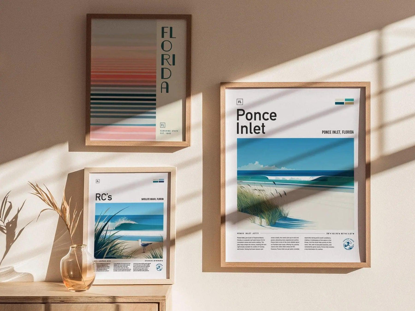 Ponce Inlet Florida Surf Spot Framed Poster | Daytona Beach FL Jetty Wave Travel Print | Surfing Decor Minimal Design Wall Art | Man Cave Decor Surfer Gift - Swell Scenes