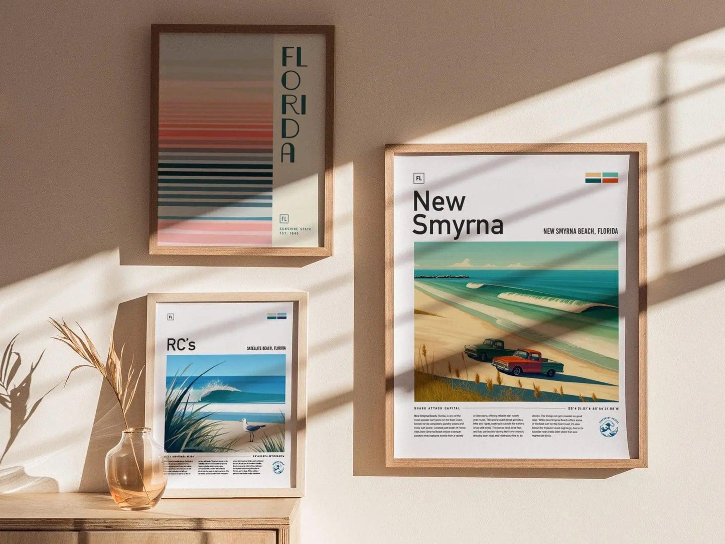New Smyrna Beach Surf Spot Framed Poster | Shark Attack Capital Florida Wave Wall Art | FL Surfer Travel Print Design | NSB Man Cave Surfing Decor Gift - Swell Scenes