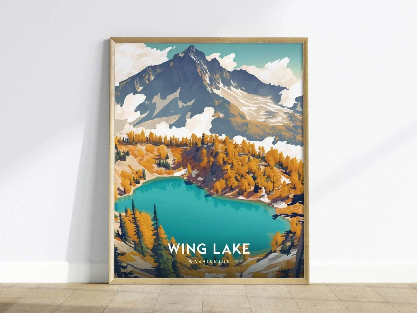 Wing Lake Washington poster featuring pristine alpine lake surrounded by North Cascades mountain peaks wall art