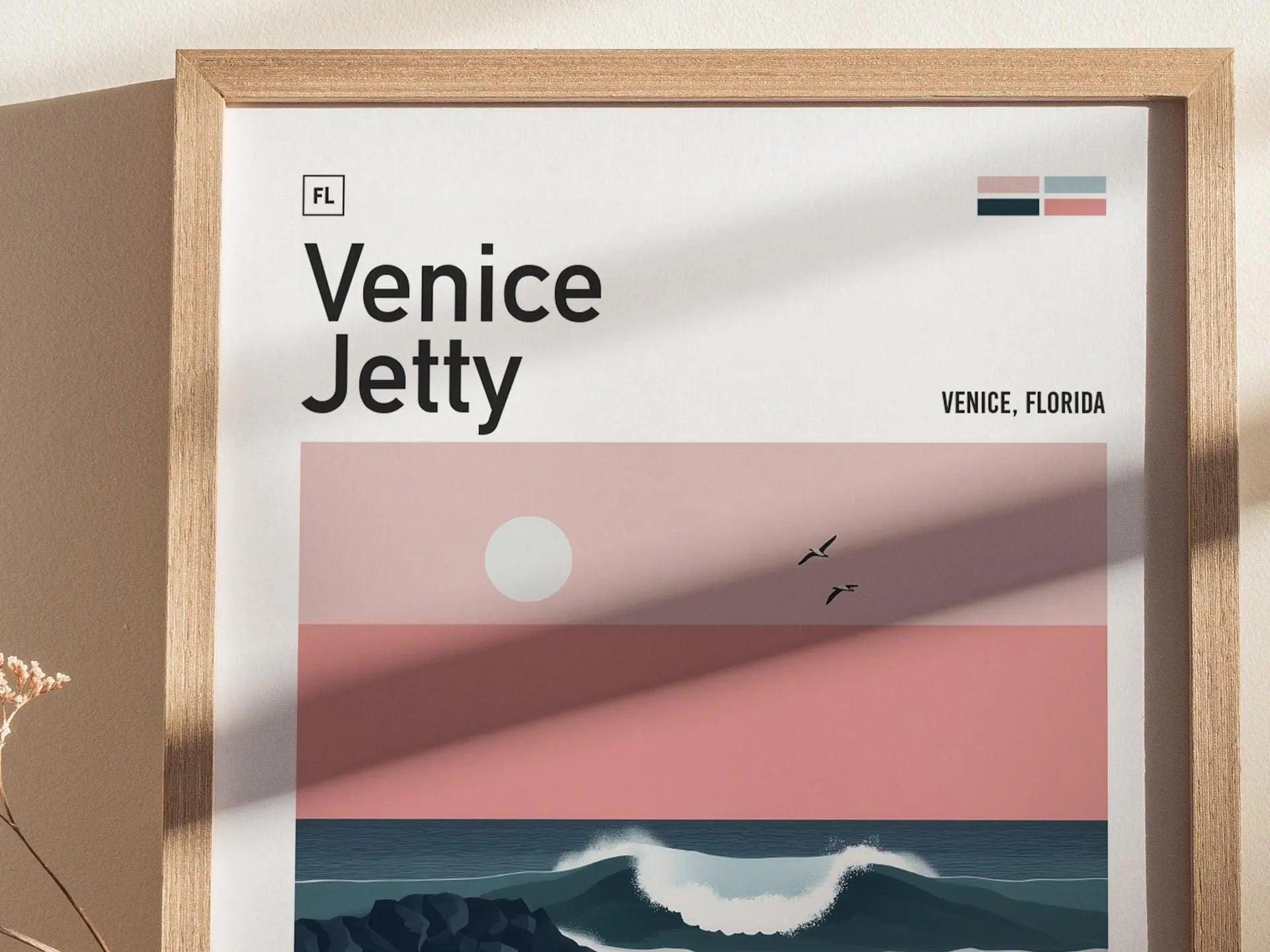 Venice Jetty Beach Surf Spot Framed Poster, Sarasota Florida Wave Wall Art Gulf Coast Travel Print Gulfster Surfer Decor Surfing Design Gift - Swell Scenes