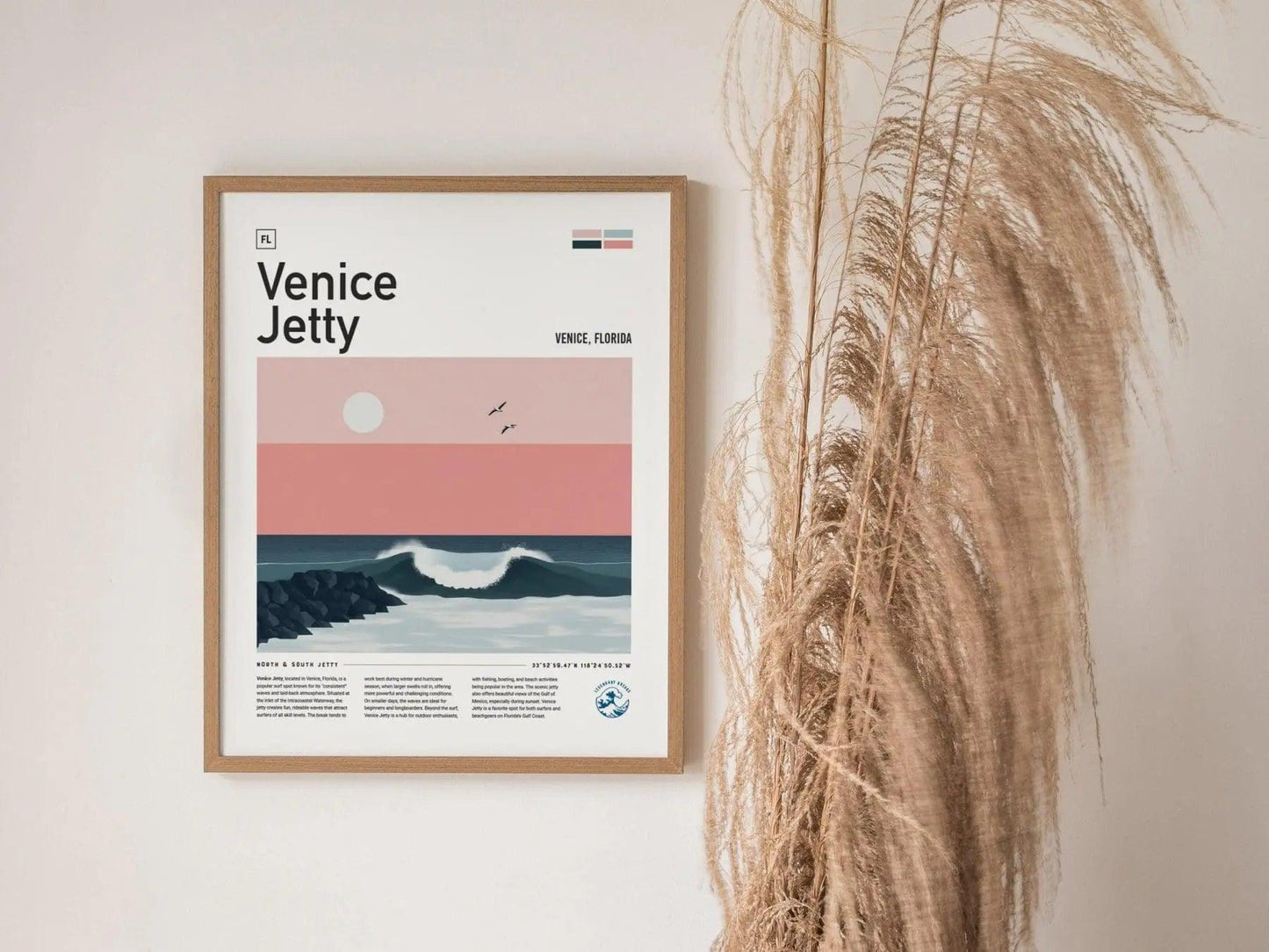 Venice Jetty pastel poster featuring minimalist Florida Gulf Coast surf spot with soft sunset colors and jetty silhouette