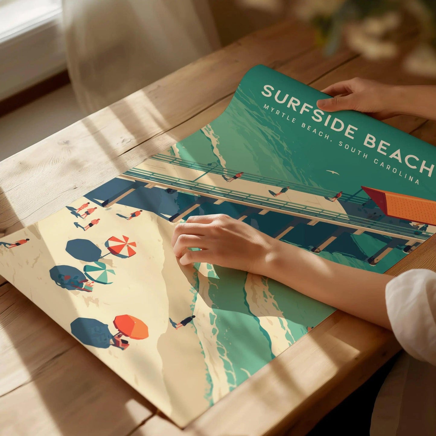Surfside Pier Myrtle Beach poster featuring vibrant turquoise ocean and colorful umbrellas Grand Strand South Carolina coast art