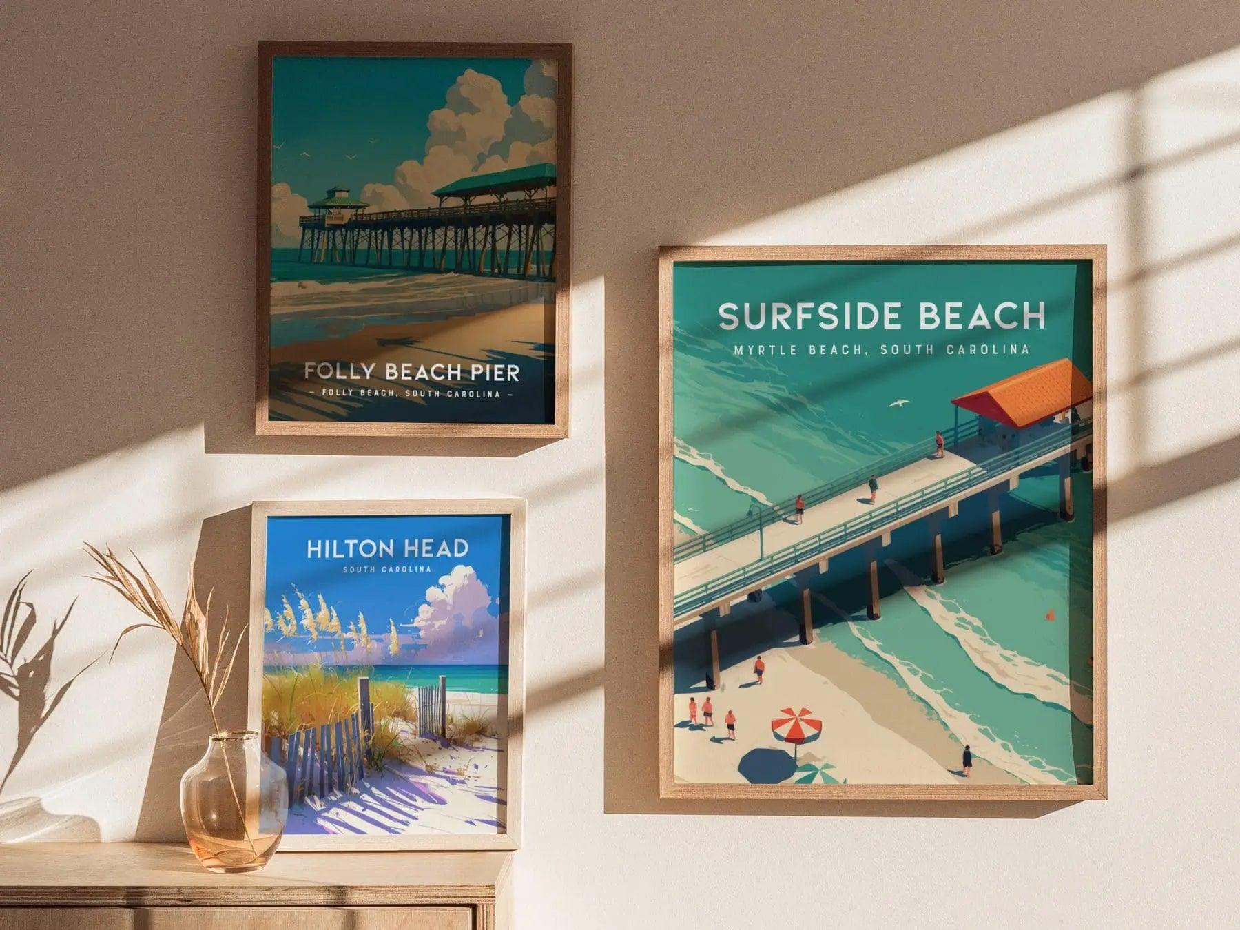 Surfside Pier Myrtle Beach wall art displayed in beach house with vibrant Grand Strand coastal decor and SC beach style