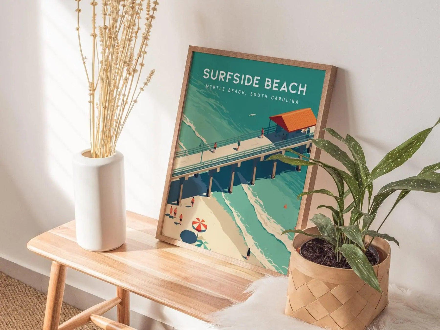 Natural wood framed Surfside Beach poster showing colorful Grand Strand pier scene with Atlantic Coast vacation vibes