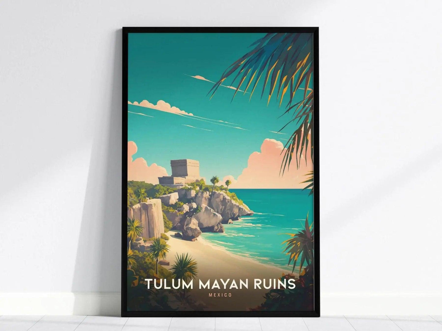 Tulum ruins poster in black wood frame showing Mayan El Castillo Caribbean beach Mexico archaeology art
