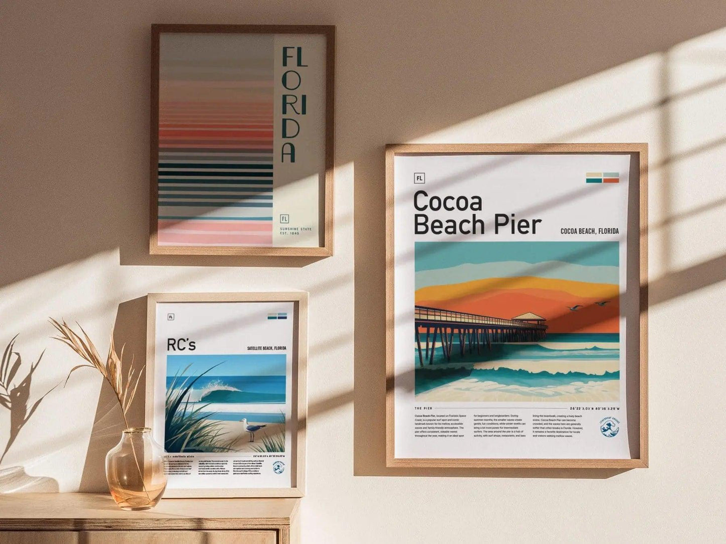 Cocoa Beach Pier Florida Surf Spot Framed Poster | Ron Jon Wave FL Travel Print | Kelly Slater Surfing Beach House Decor | Minimalist Design Surfer Gift - Swell Scenes