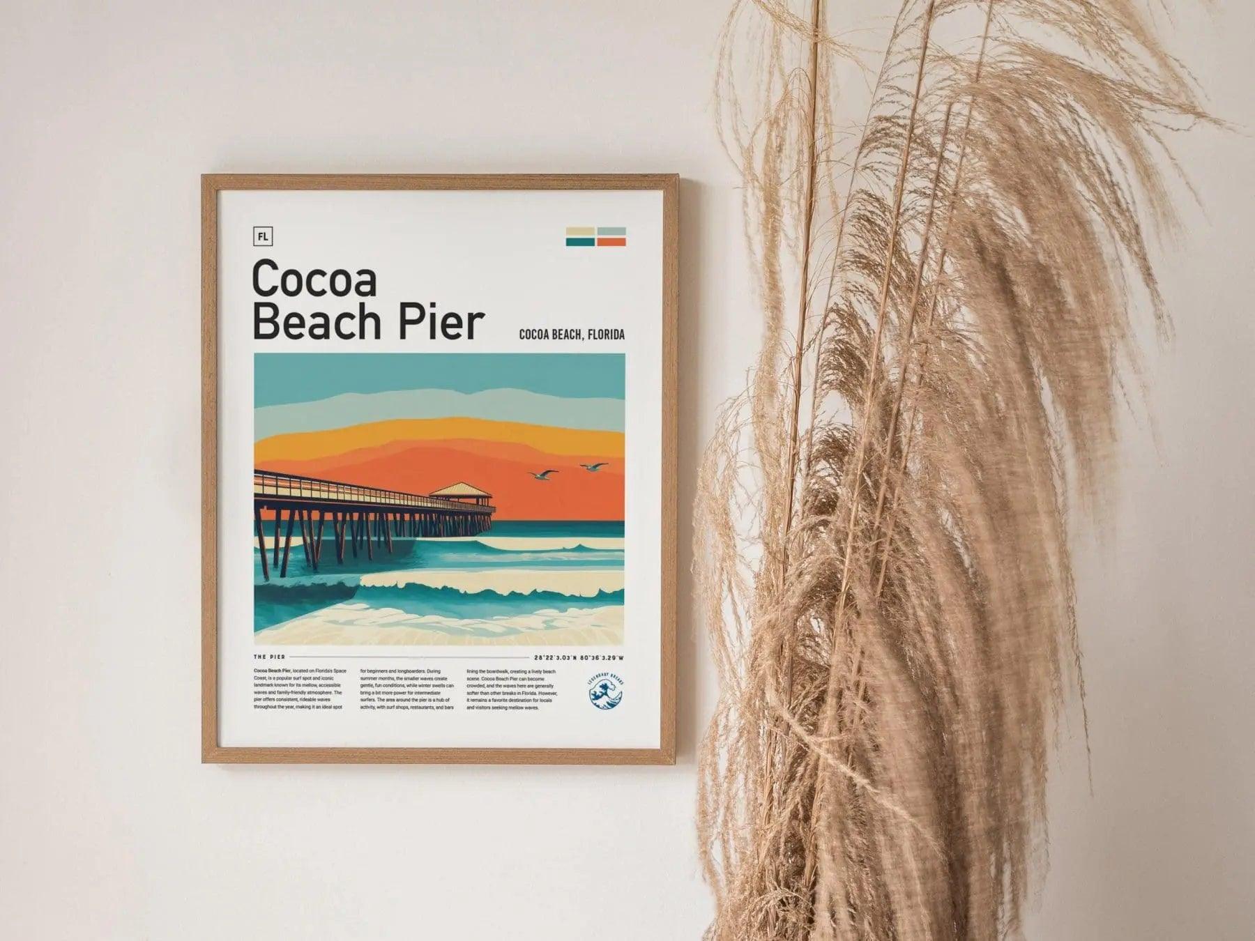Cocoa Beach Pier Florida Surf Spot Framed Poster | Ron Jon Wave FL Travel Print | Kelly Slater Surfing Beach House Decor | Minimalist Design Surfer Gift - Swell Scenes