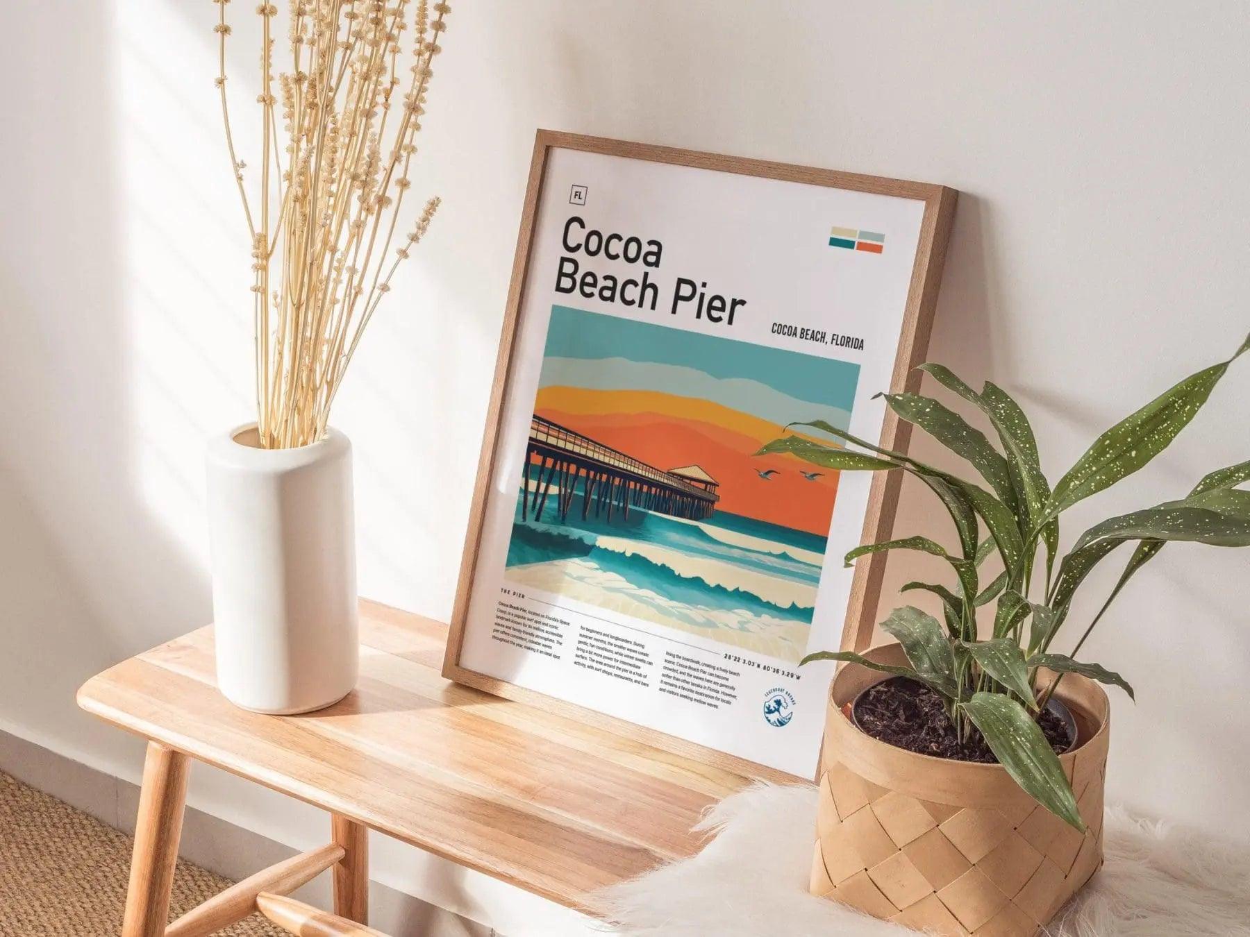 Cocoa Beach Pier Florida Surf Spot Framed Poster | Ron Jon Wave FL Travel Print | Kelly Slater Surfing Beach House Decor | Minimalist Design Surfer Gift - Swell Scenes