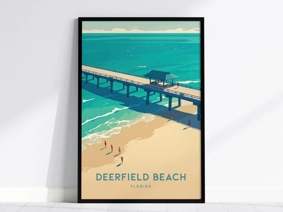 Deerfield Beach Pier, South Florida Framed Art Boca Raton Delray Travel Poster Print Surfer Fishing Vacation Coastal Cottage Artwork Gift - Swell Scenes