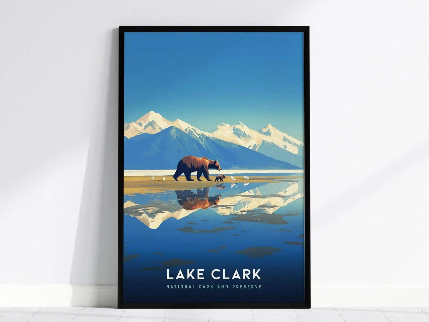Lake Clark National Park and Preserve, Alaska Poster - Majestic Mountain and Bear View, Available Framed/Unframed, Great National Park Gift - Swell Scenes