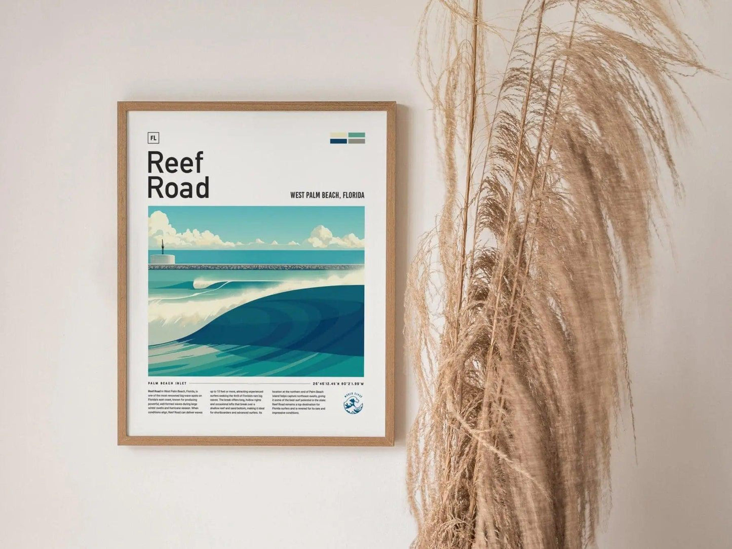 Reef Road Florida Surf Spot Framed Poster | West Palm Beach South FL Wave Wall Art | Surfer Travel Print Gift | Minimalist Design Surfing Man Cave Decor - Swell Scenes