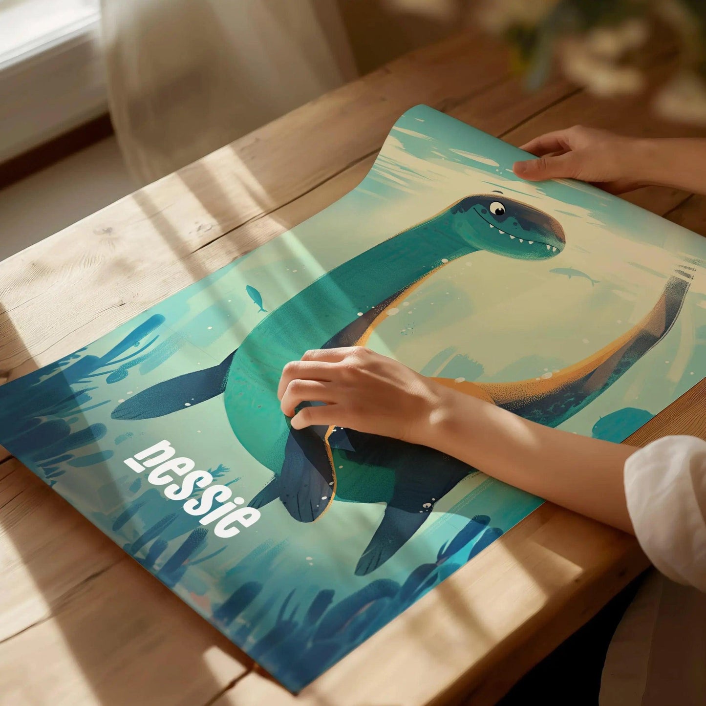 Nessie Cute Cryptids Wall Art Series | Loch Ness Monster Kids Room Framed Poster | Children's Illustration Toddler Boys Bedroom Nursery Print Set - Swell Scenes