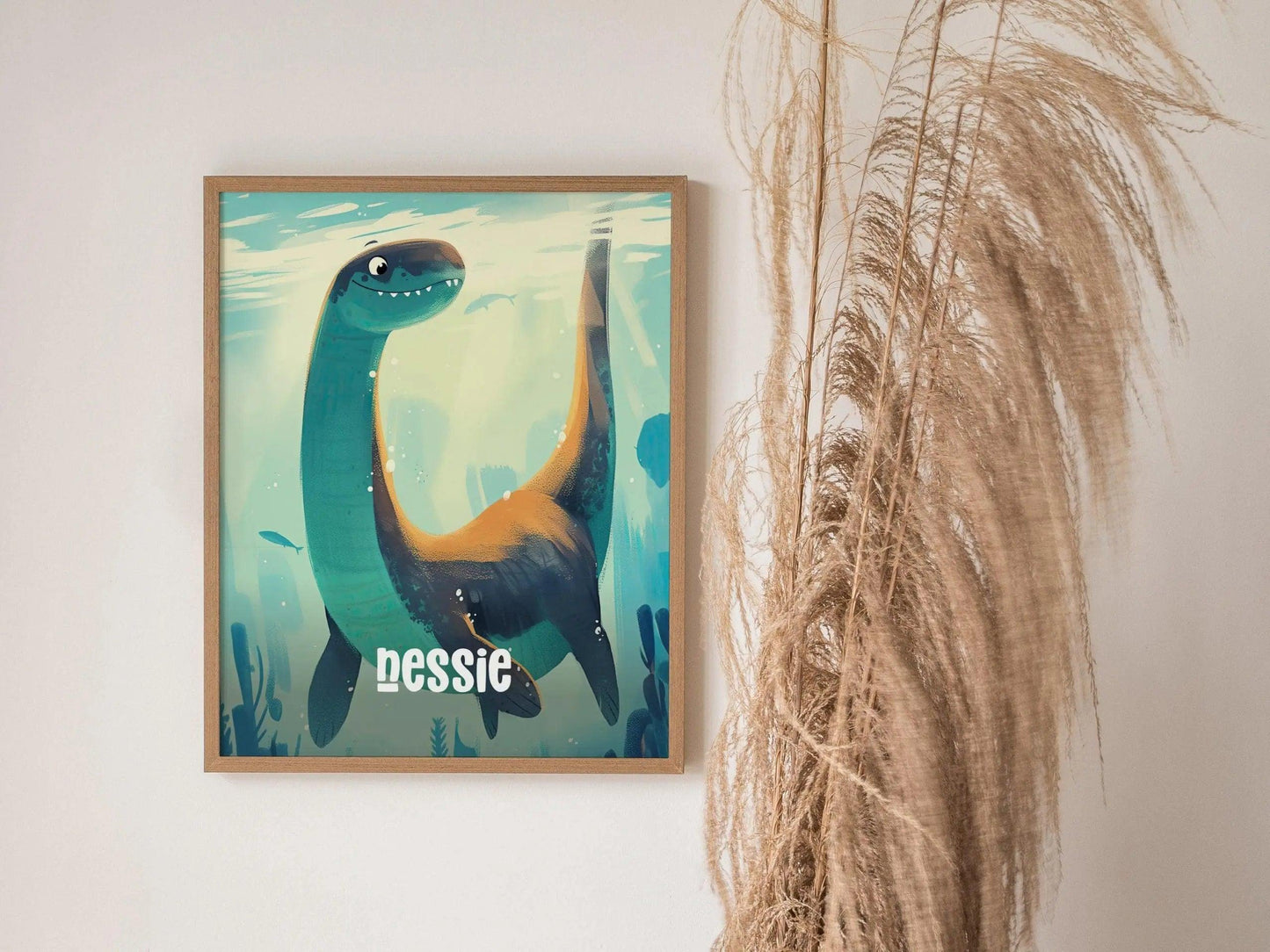 Nessie Cute Cryptids Wall Art Series | Loch Ness Monster Kids Room Framed Poster | Children's Illustration Toddler Boys Bedroom Nursery Print Set - Swell Scenes