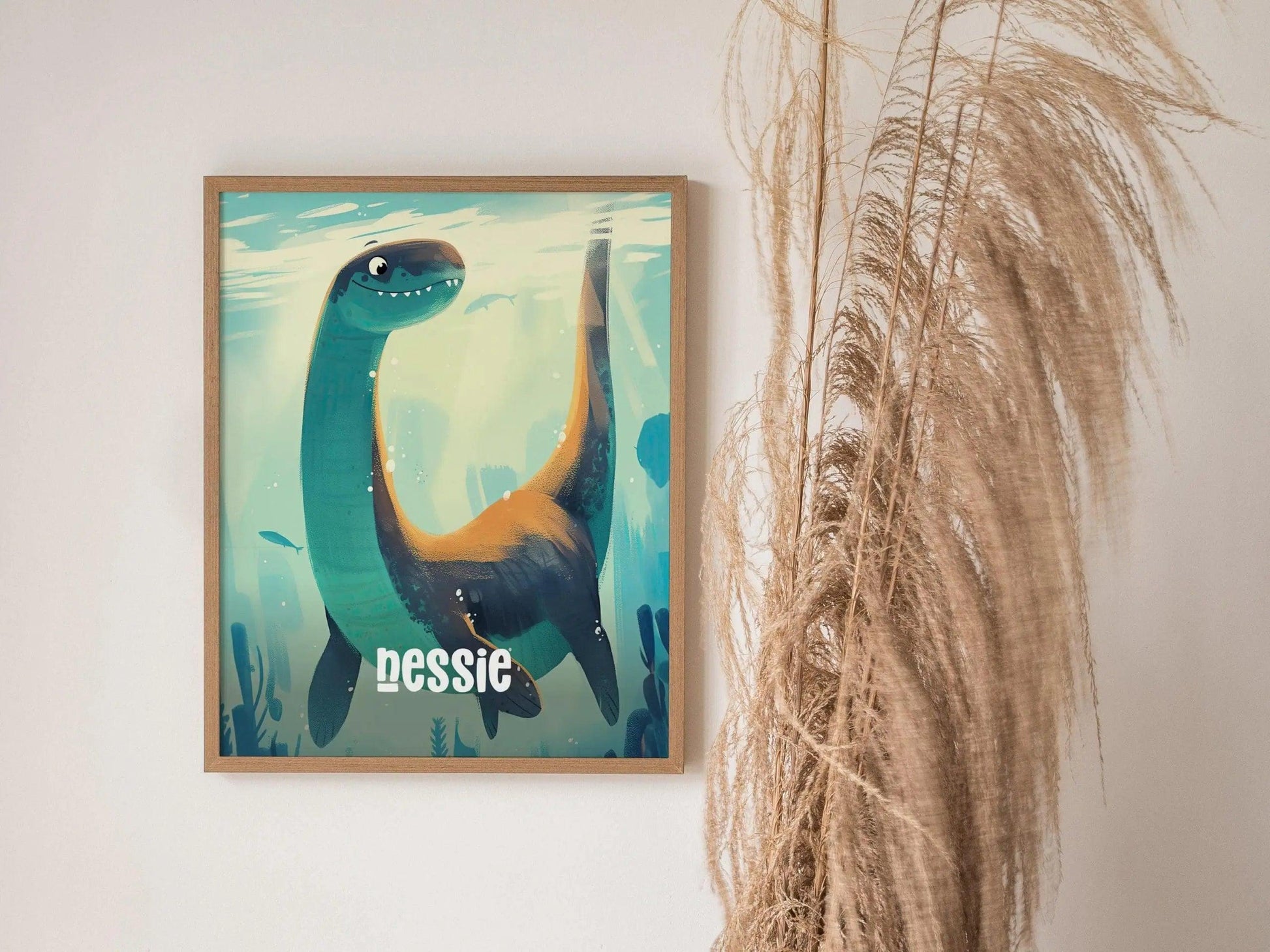 Nessie Cute Cryptids Wall Art Series | Loch Ness Monster Kids Room Framed Poster | Children's Illustration Toddler Boys Bedroom Nursery Print Set - Swell Scenes