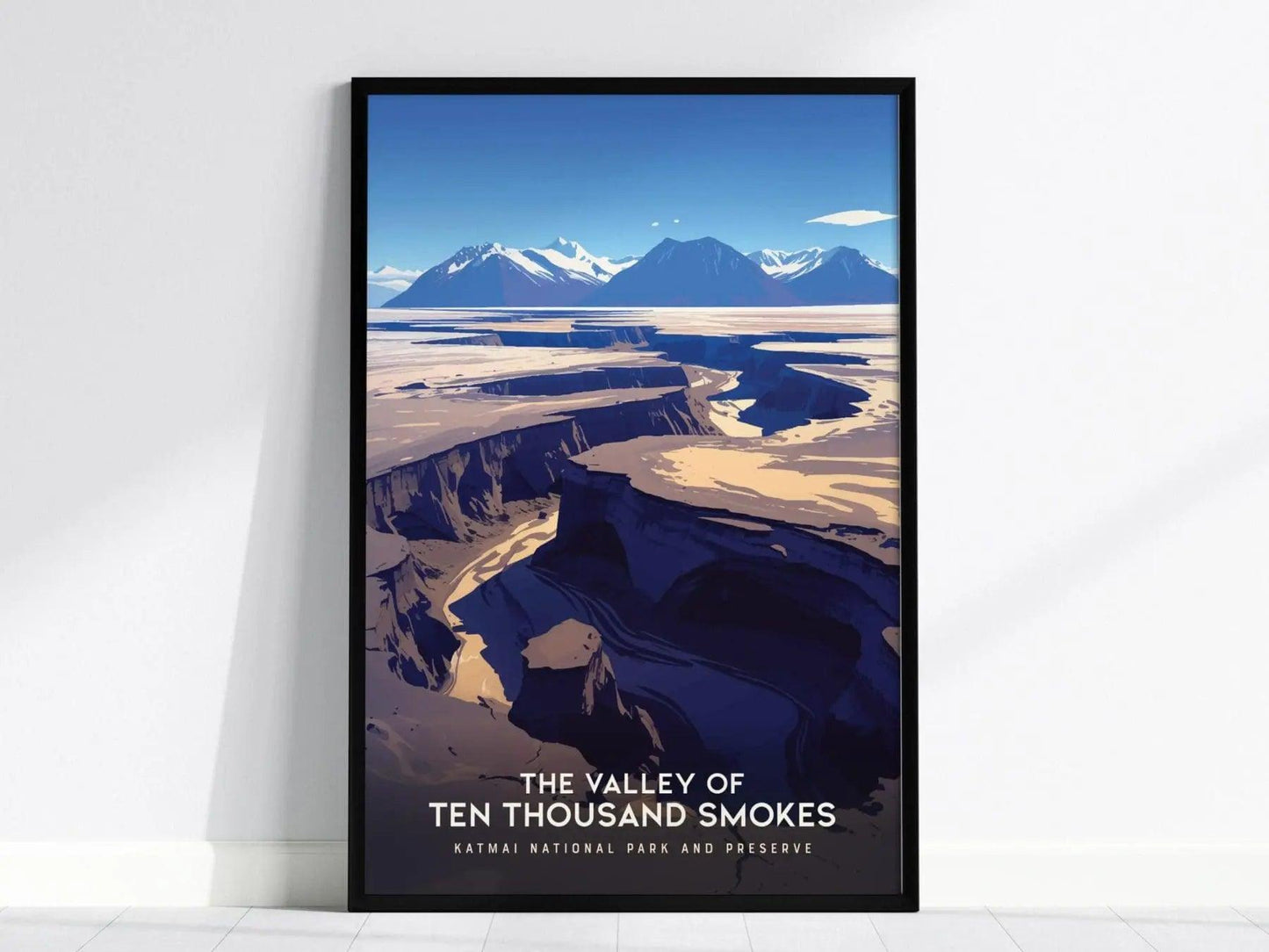Katmai Valley of Ten Thousand Smokes poster in black wood frame showing Alaska volcanic ash valley wilderness landscape