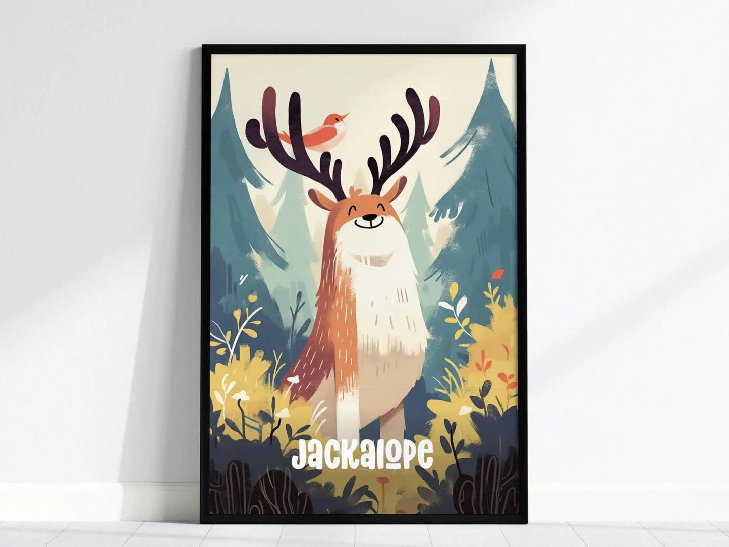 Jackalope Cute Cryptids Wall Art Series | Fantasy Kids Room Framed Poster | Toddler Boys Bedroom Child's Nursery Print | Woodland Myth Lore Cryptozoology Set - Swell Scenes