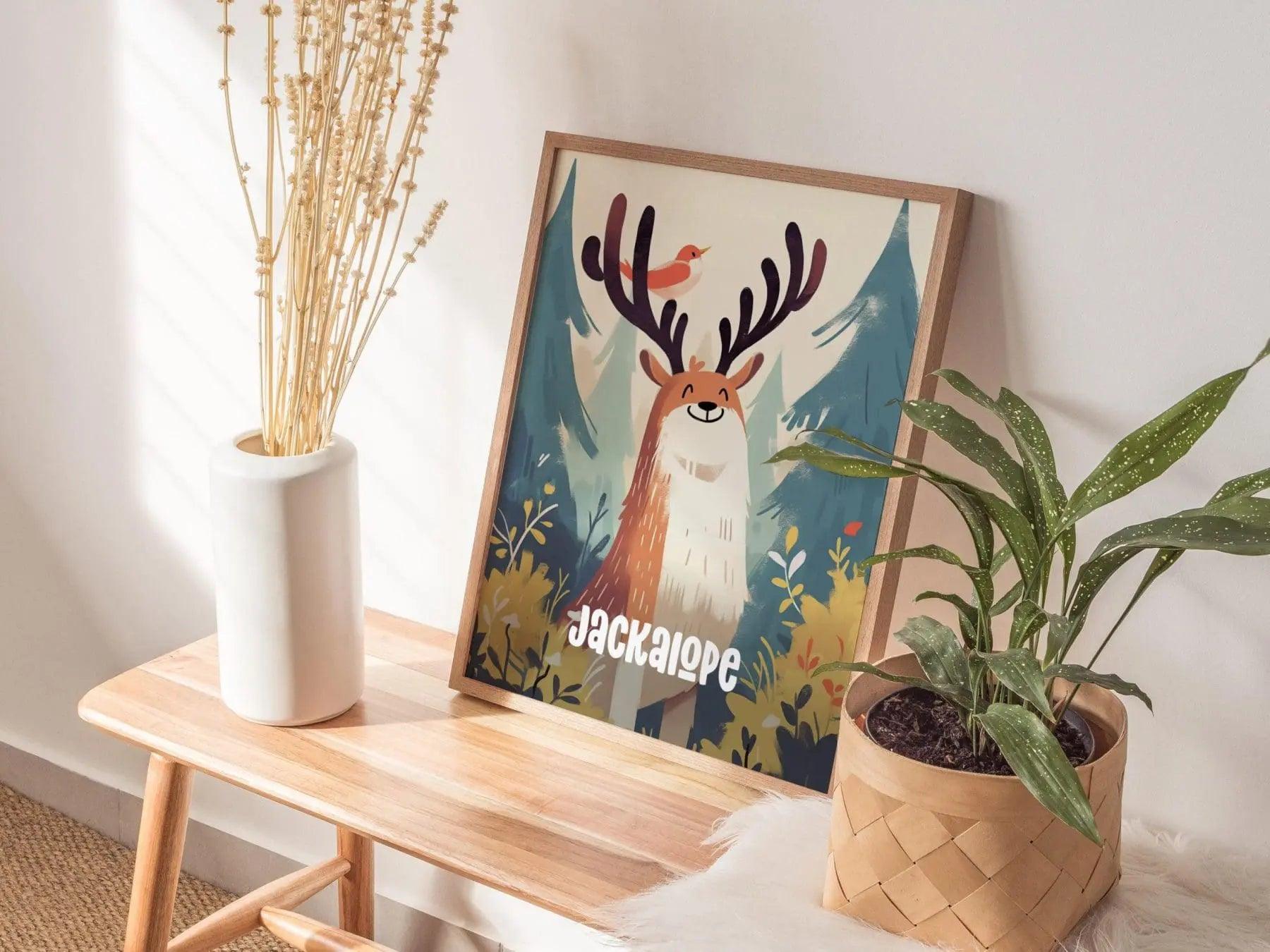Jackalope Cute Cryptids Wall Art Series | Fantasy Kids Room Framed Poster | Toddler Boys Bedroom Child's Nursery Print | Woodland Myth Lore Cryptozoology Set - Swell Scenes