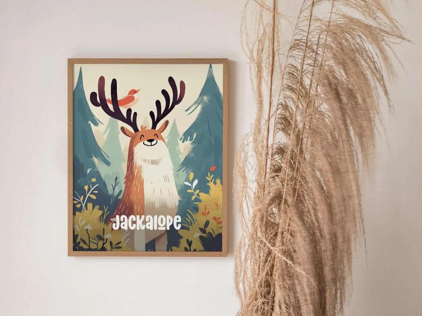 Jackalope Cute Cryptids Wall Art Series | Fantasy Kids Room Framed Poster | Toddler Boys Bedroom Child's Nursery Print | Woodland Myth Lore Cryptozoology Set - Swell Scenes