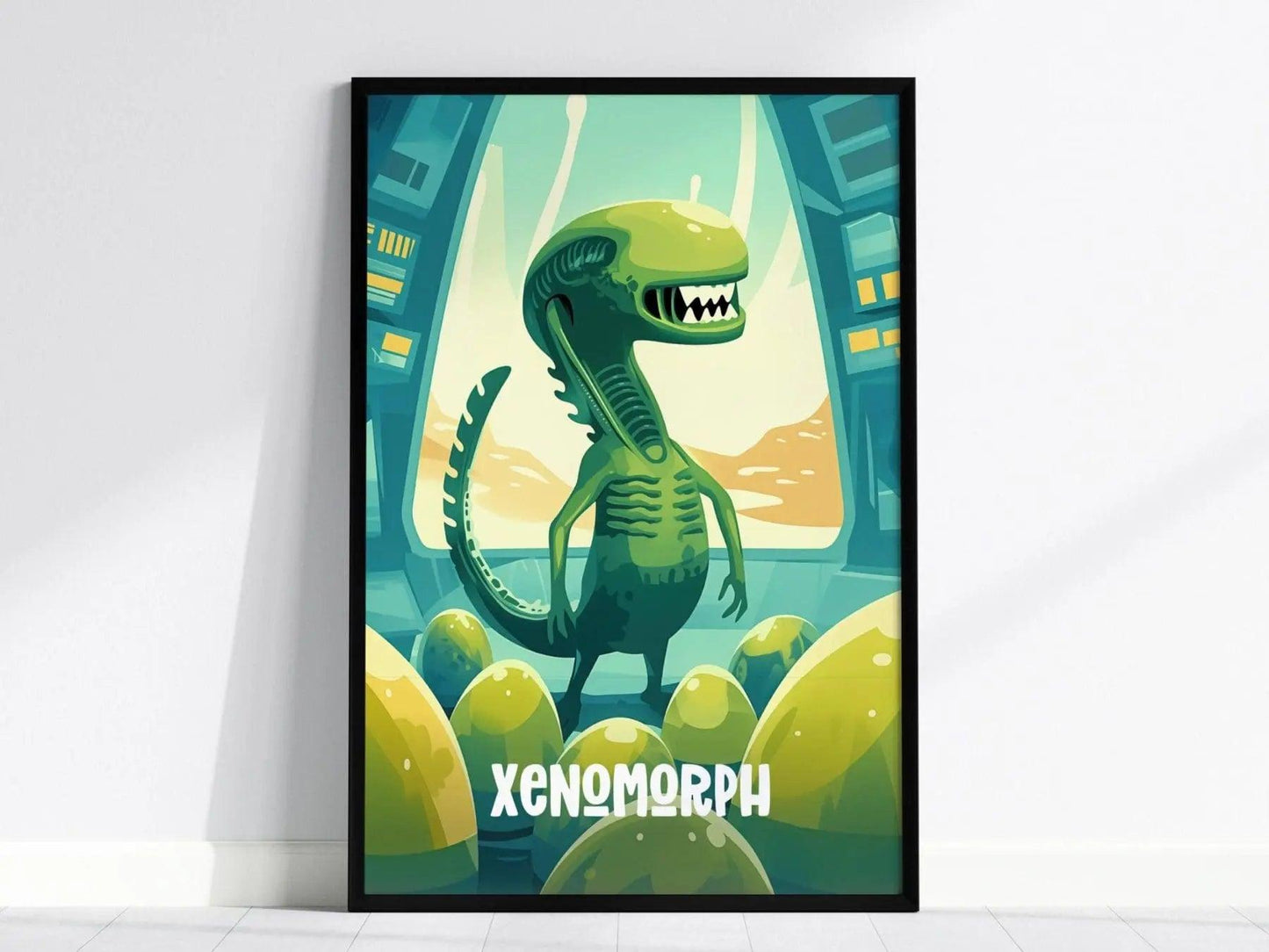 Cute Xenomorph poster featuring friendly cartoon alien with glowing eggs in playful kids room wall art