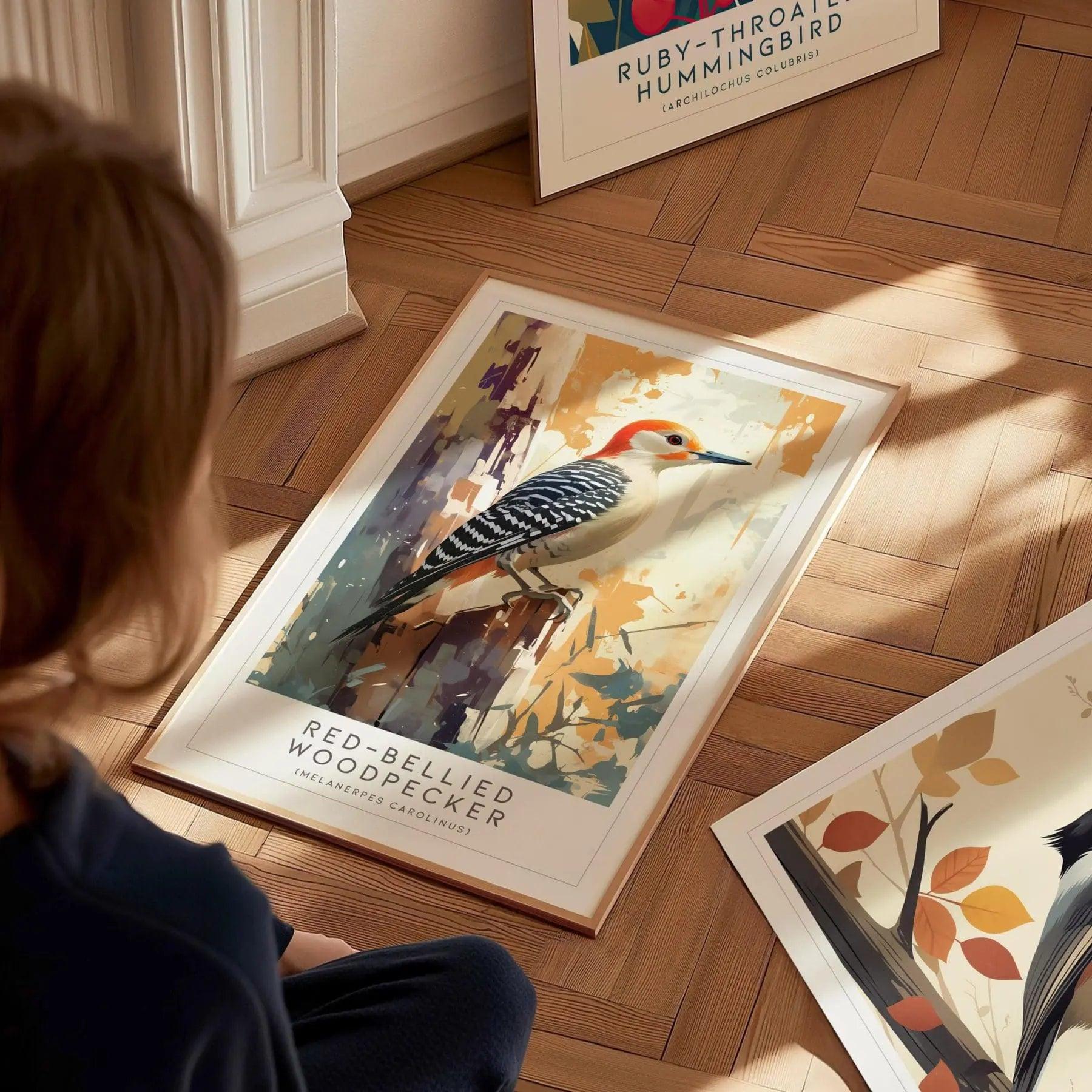 Red-bellied Woodpecker Bird Lover Modern Framed Poster | Cottagecore Audubon Wildlife Wall Art | Rustic Farmhouse Nature Decor Print - Swell Scenes