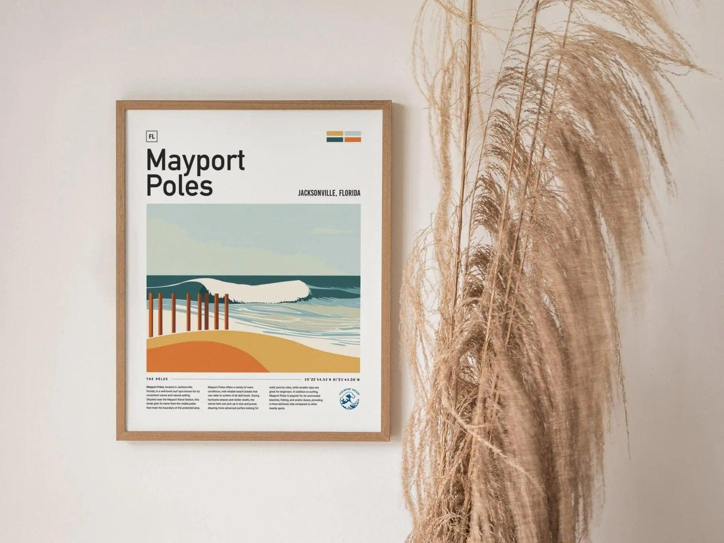 Mayport Poles Jacksonville Surf Spot Framed Poster | Jax Beach Florida Wave Wall Art | FL Travel Print Surfer Decor | Minimalist Design Surfing Gift - Swell Scenes