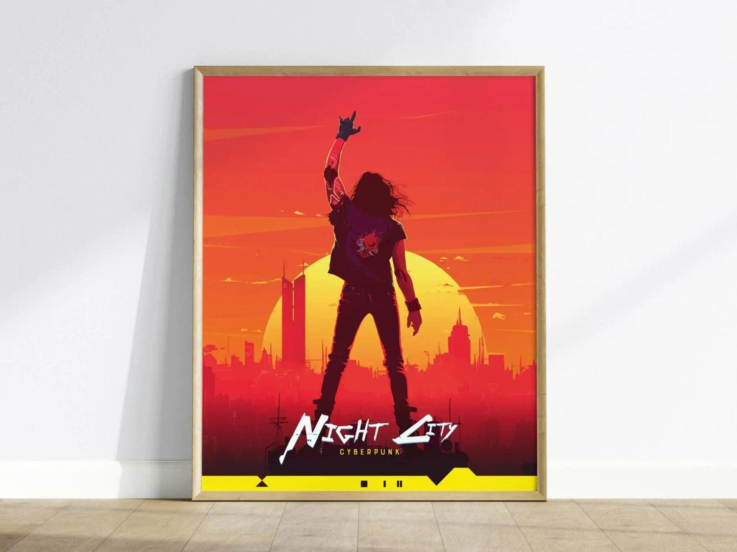 Night City, Cyberpunk Poster – Johnny Silverhand Stands in front of Night City, Futuristic Cityscape Art, Perfect Gift for Cyberpunk Gamers - Swell Scenes