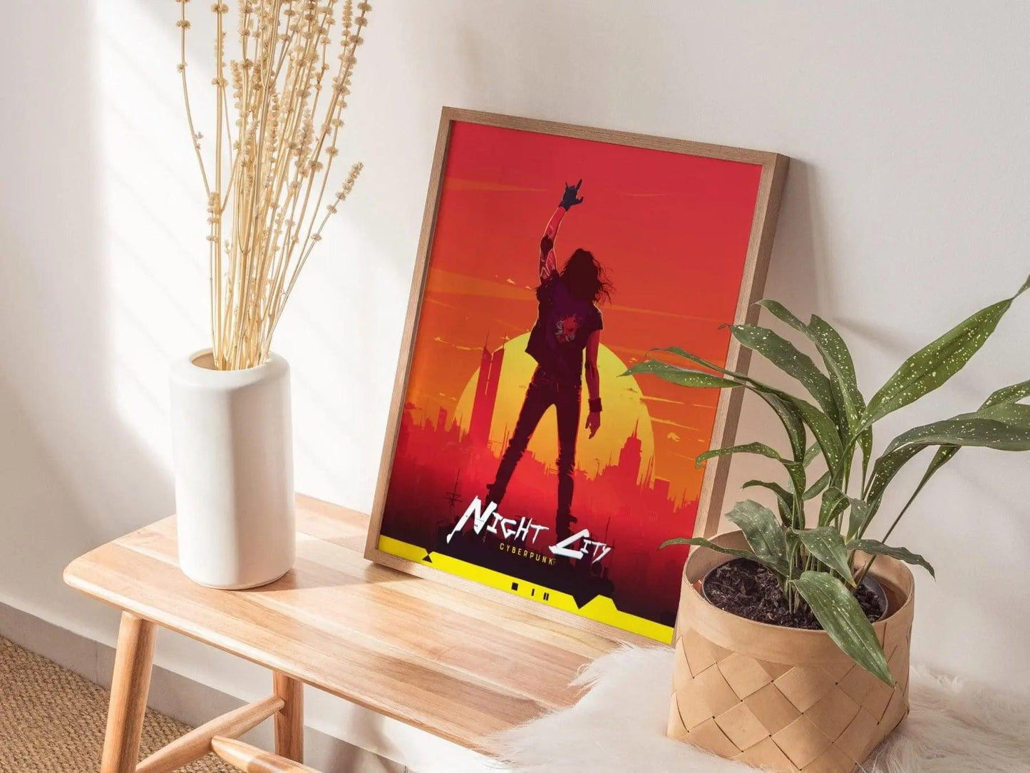 Night City, Cyberpunk Poster – Johnny Silverhand Stands in front of Night City, Futuristic Cityscape Art, Perfect Gift for Cyberpunk Gamers - Swell Scenes