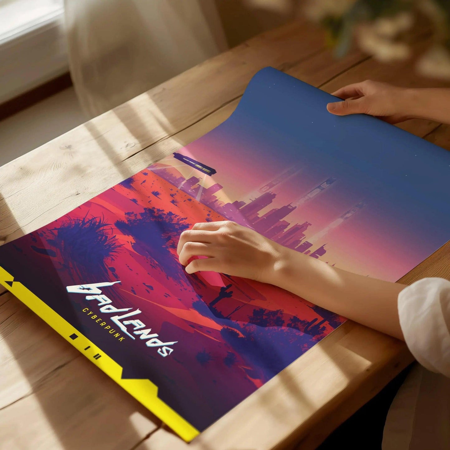 Badlands, Cyberpunk Poster – Vast Desert Landscape with Night City in the Distance, Perfect Decor for Cyberpunk Gamers, Gamer Decor Gift - Swell Scenes