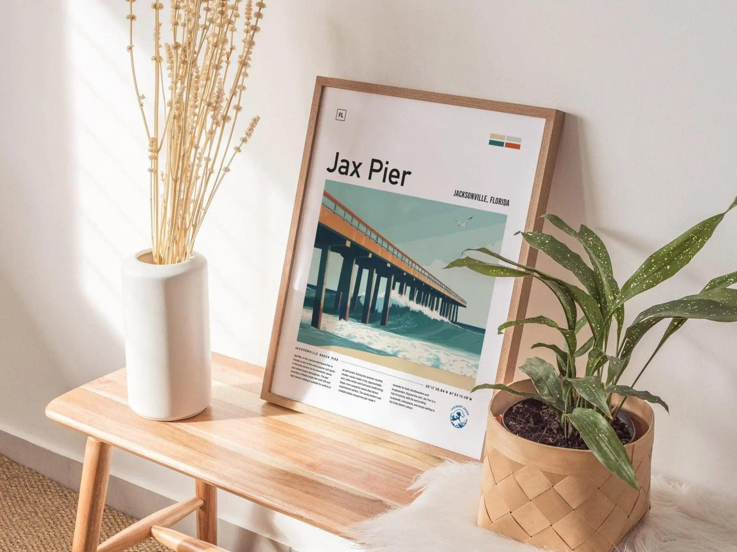 Jax Pier Florida Surf Spot Framed Poster | Jacksonville Beach Wave Modern Wall Art | FL Surfing Minimalist Design Travel Print | Coastal Surfer Decor Man Cave Gift - Swell Scenes
