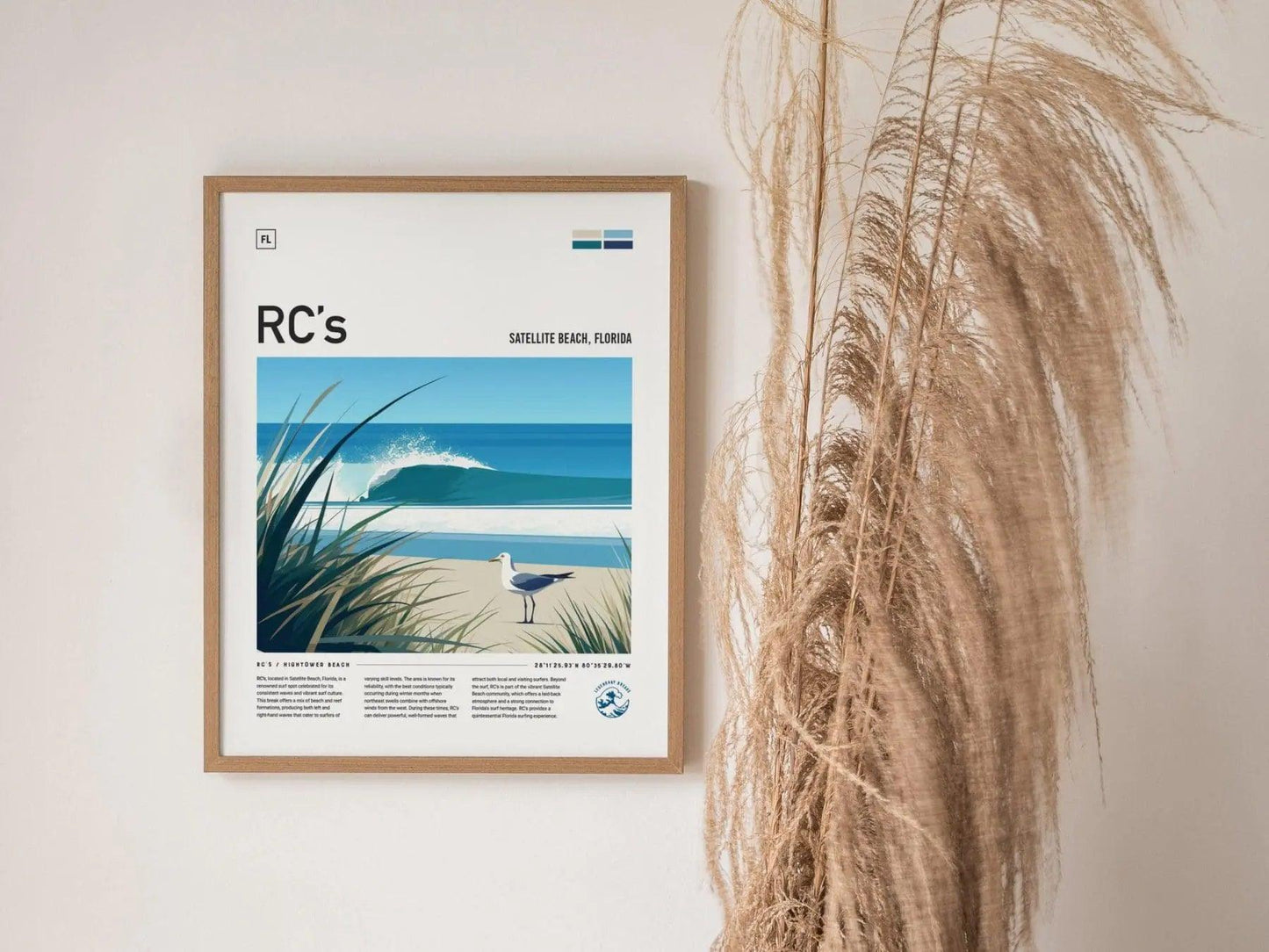 RC's Melbourne Florida Surf Spot Framed Poster | Satellite Beach FL Florida Wave Travel Print | Surfing Modern Wall Art Coastal Decor | Minimalist Design Man Cave Surfer Gift - Swell Scenes