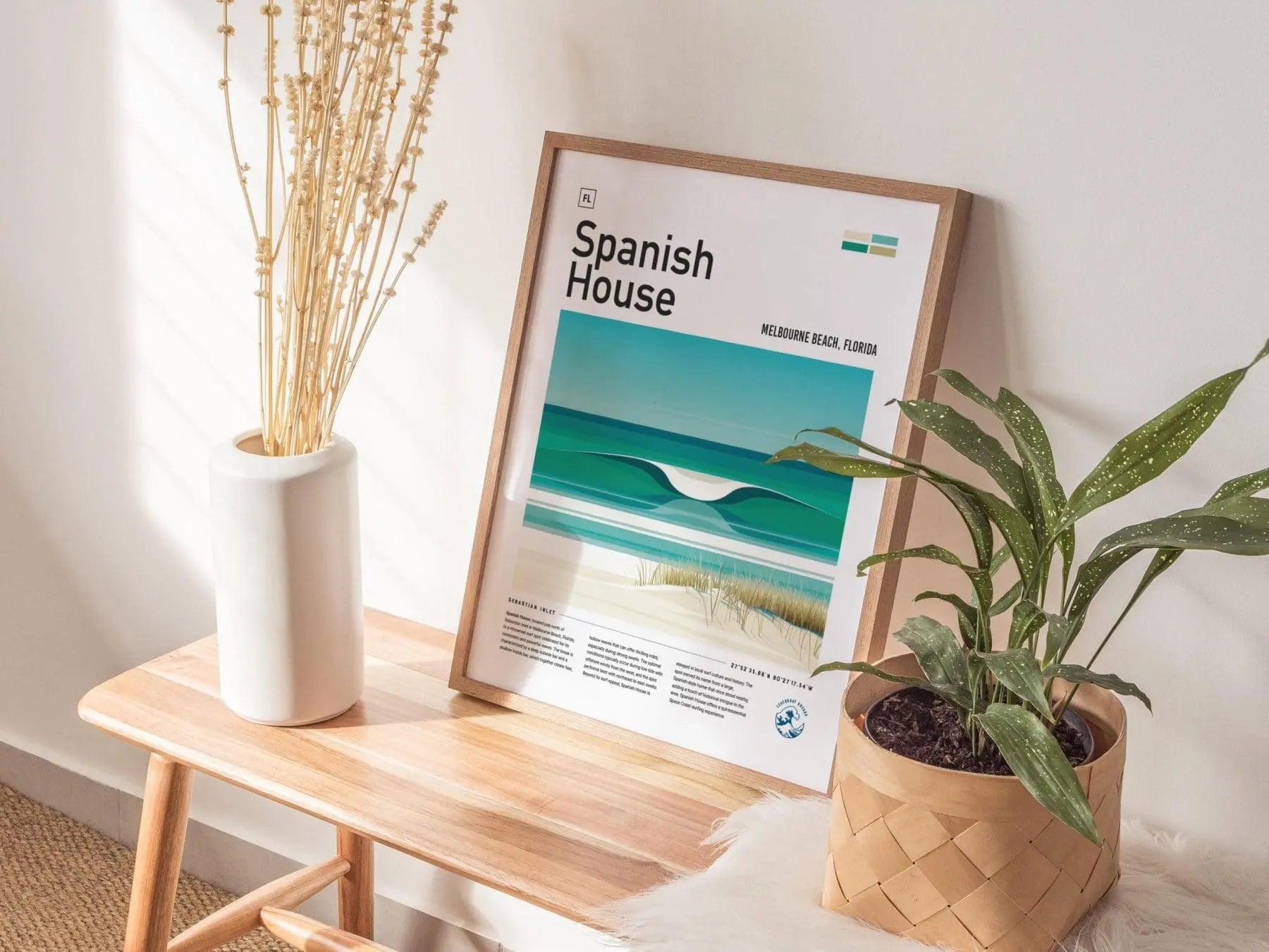 Spanish House Florida Surf Spot Framed Poster | Melbourne Beach Sebastian Inlet FL Wave Travel Print | Surfing Wall Art Modern Decor | Minimalist Design Surfer Gift - Swell Scenes