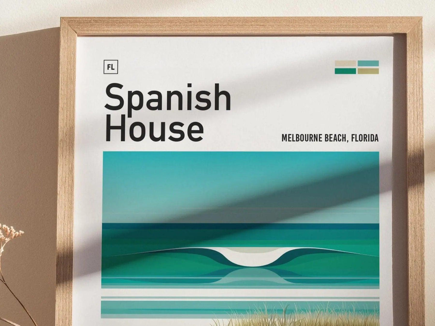 Spanish House Florida Surf Spot Framed Poster | Melbourne Beach Sebastian Inlet FL Wave Travel Print | Surfing Wall Art Modern Decor | Minimalist Design Surfer Gift - Swell Scenes