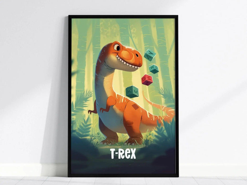 T-Rex dinosaur poster in black wood frame showing playful cartoon tyrannosaurus kids bedroom playroom art