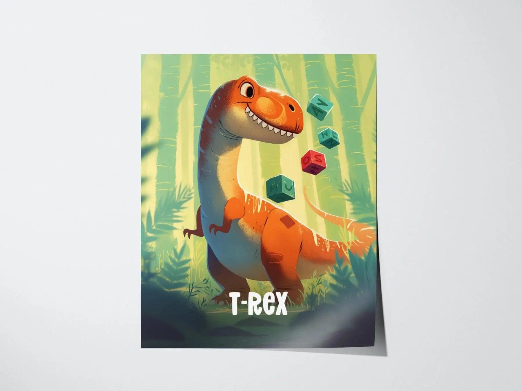 T-Rex Adventure Dinos poster featuring friendly tyrannosaurus rex playing with toy blocks for kids nursery wall art