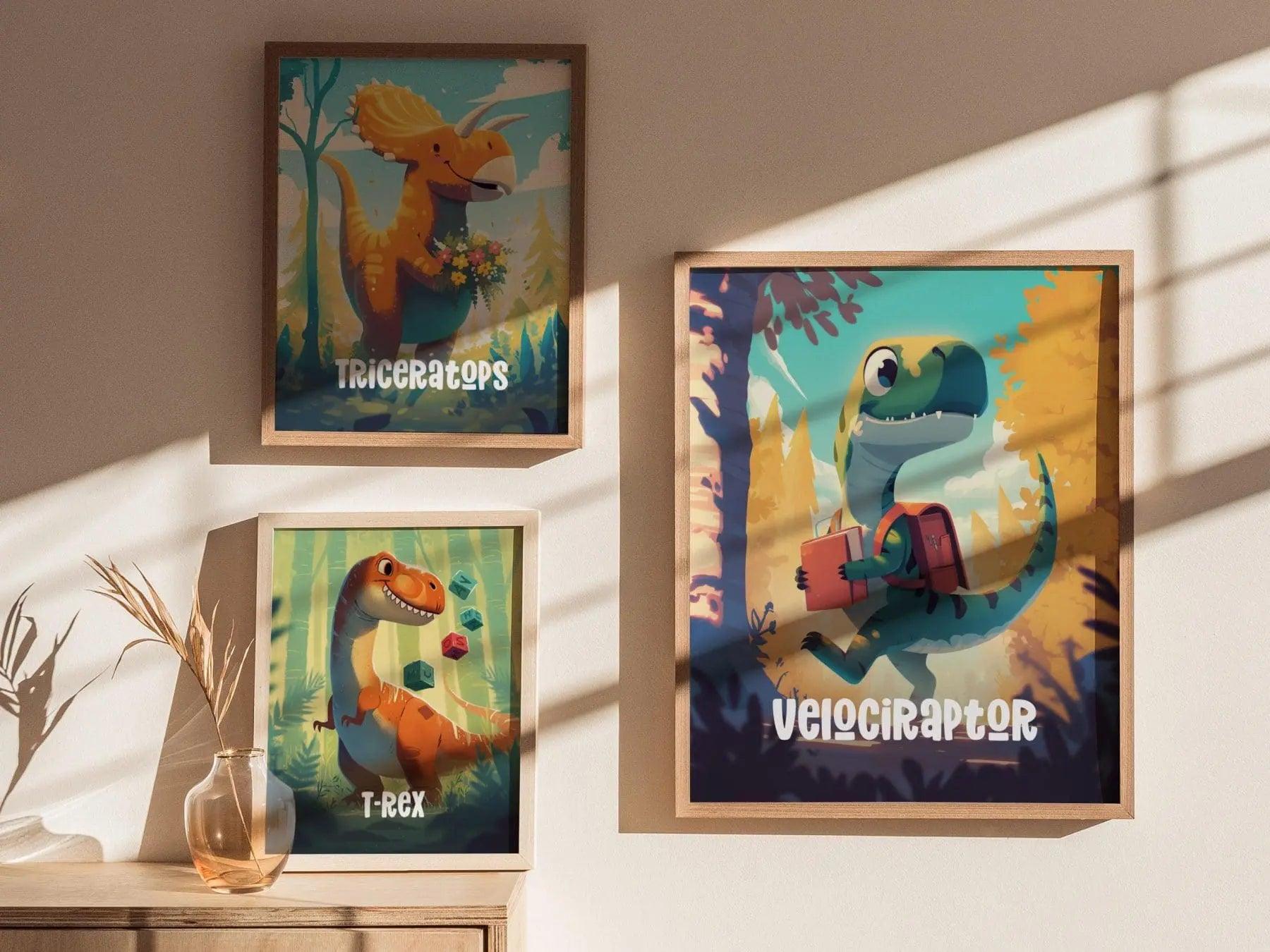 Velociraptor children's art displayed in kids bedroom with friendly dinosaur backpack poster and playroom decor