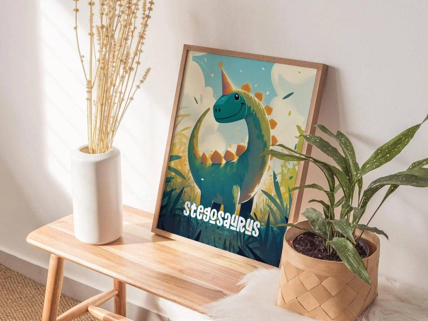 Stegosaurus Dinosaur Kids Bedroom Framed Wall Art | Friendly Dino Theme Nursery Print | Jurassic Boys Room Poster | Prehistoric Toddler Home Decor Illustration - Swell Scenes