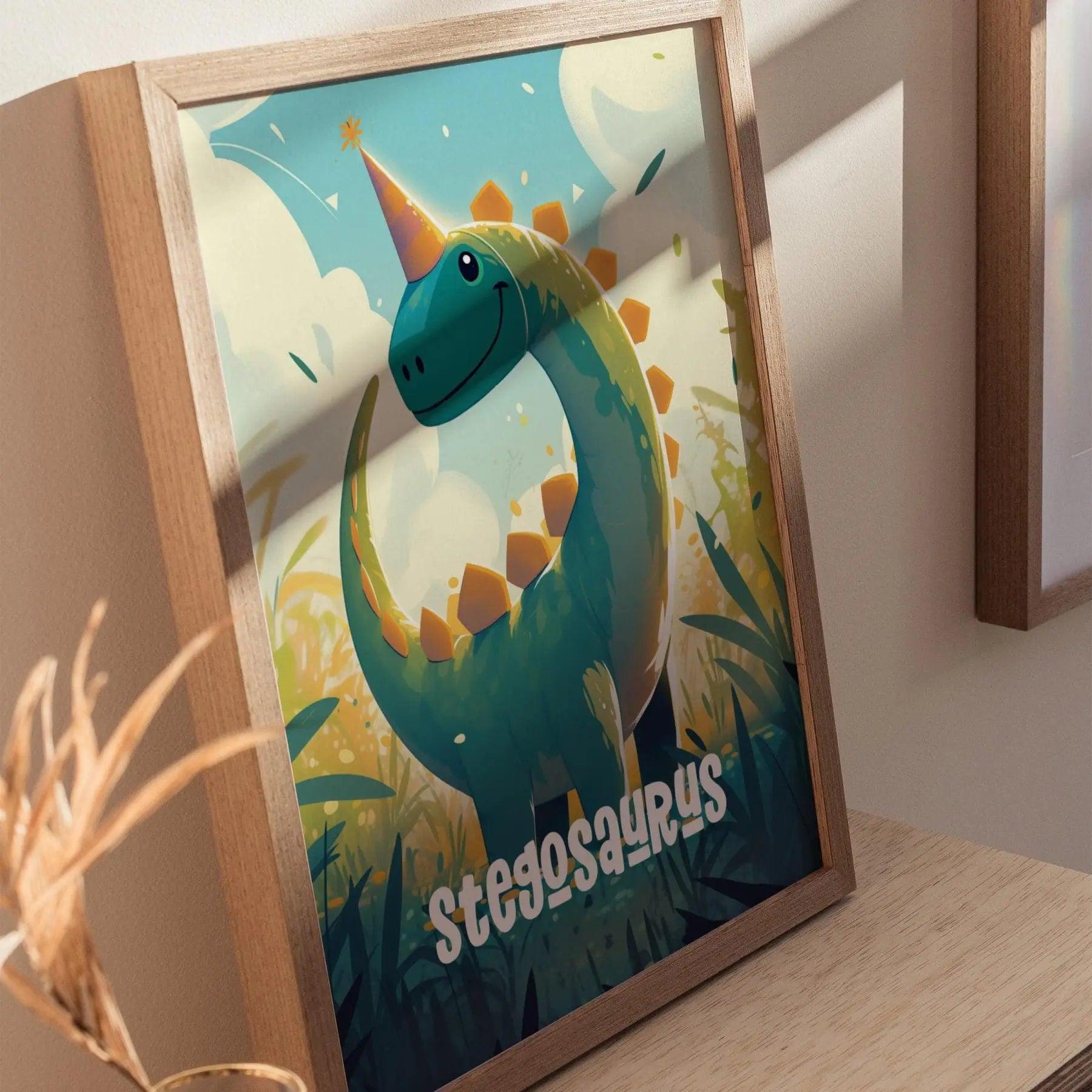 Stegosaurus Dinosaur Kids Bedroom Framed Wall Art | Friendly Dino Theme Nursery Print | Jurassic Boys Room Poster | Prehistoric Toddler Home Decor Illustration - Swell Scenes