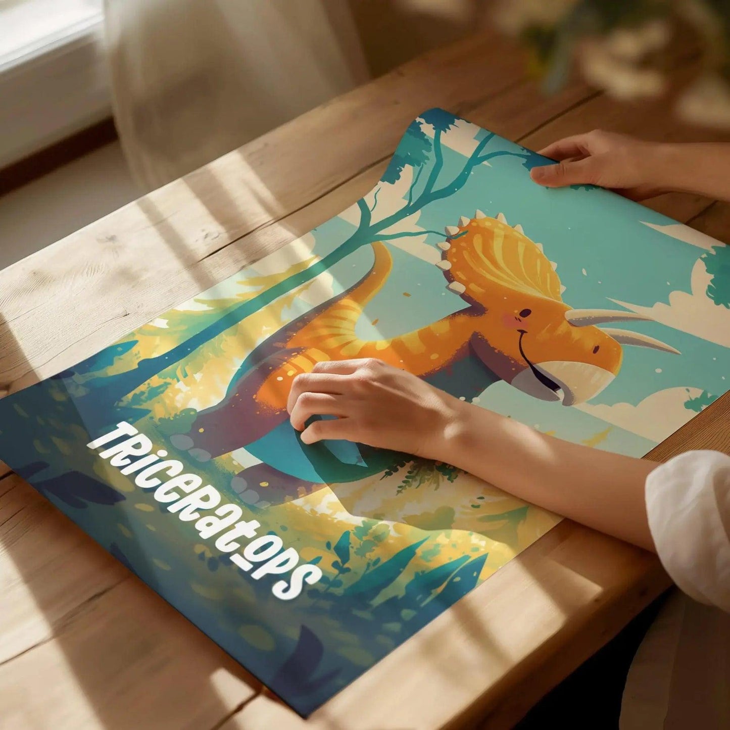 Triceratops Adventure Dinos poster featuring friendly cartoon dinosaur holding flowers for kids nursery wall art