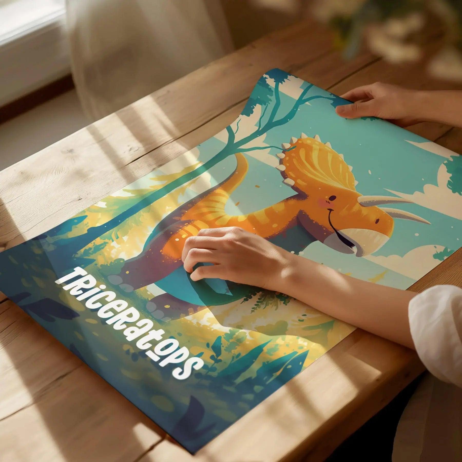 Triceratops Adventure Dinos poster featuring friendly cartoon dinosaur holding flowers for kids nursery wall art