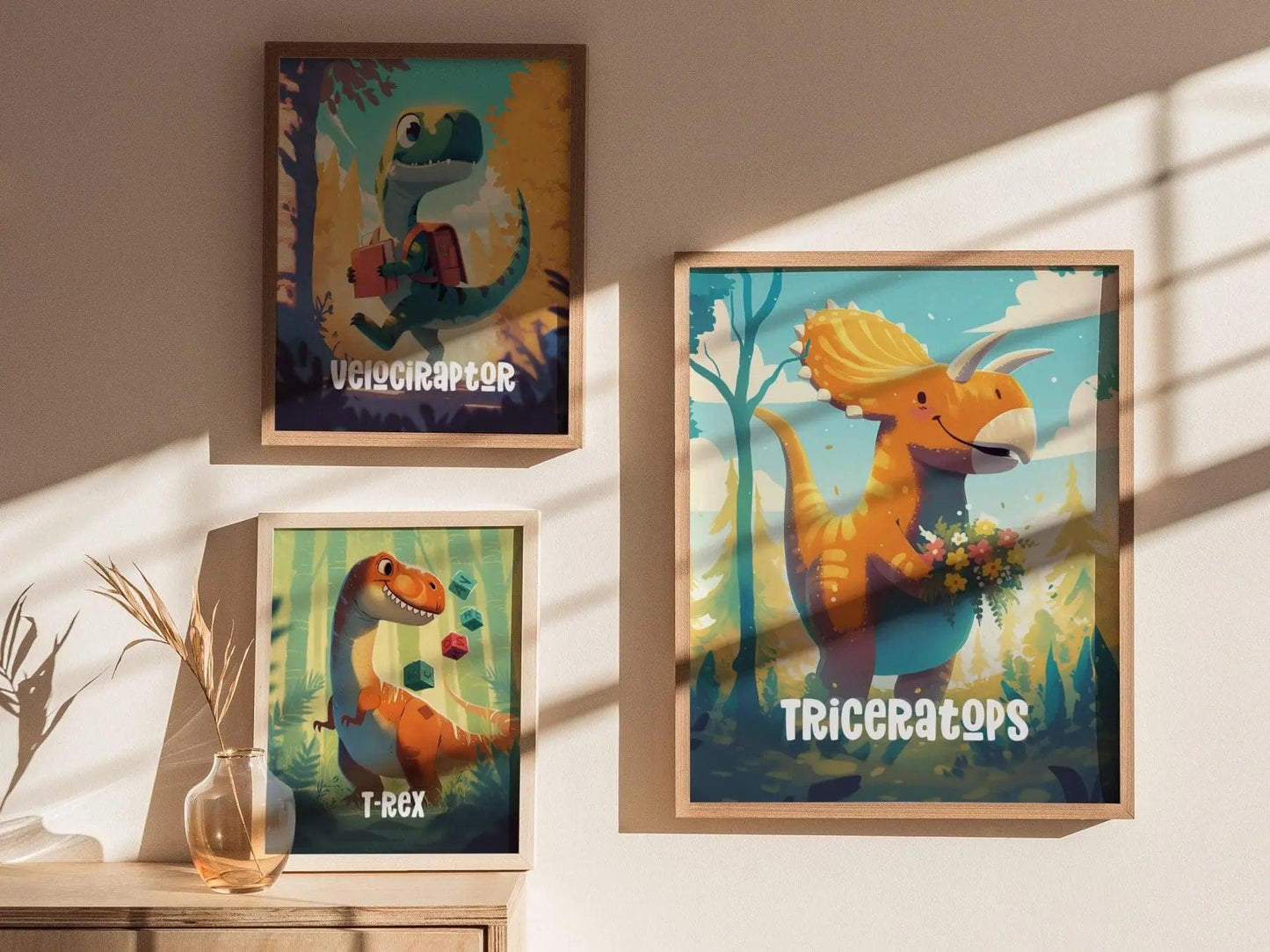 Adventure Dinos Triceratops wall art displayed in children's room with dinosaur theme nursery decor