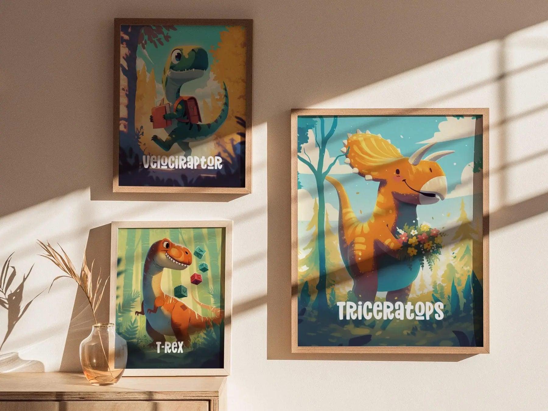 Adventure Dinos Triceratops wall art displayed in children's room with dinosaur theme nursery decor