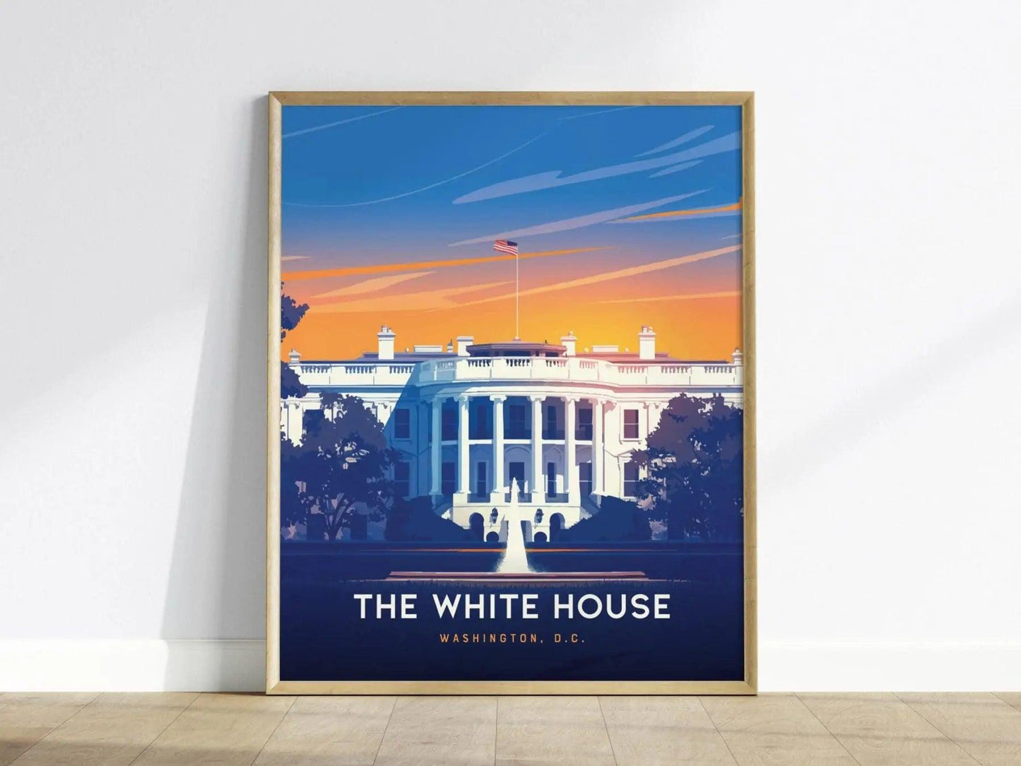 White House poster in wood frame showing bold minimalist presidential residence Washington DC landmark art