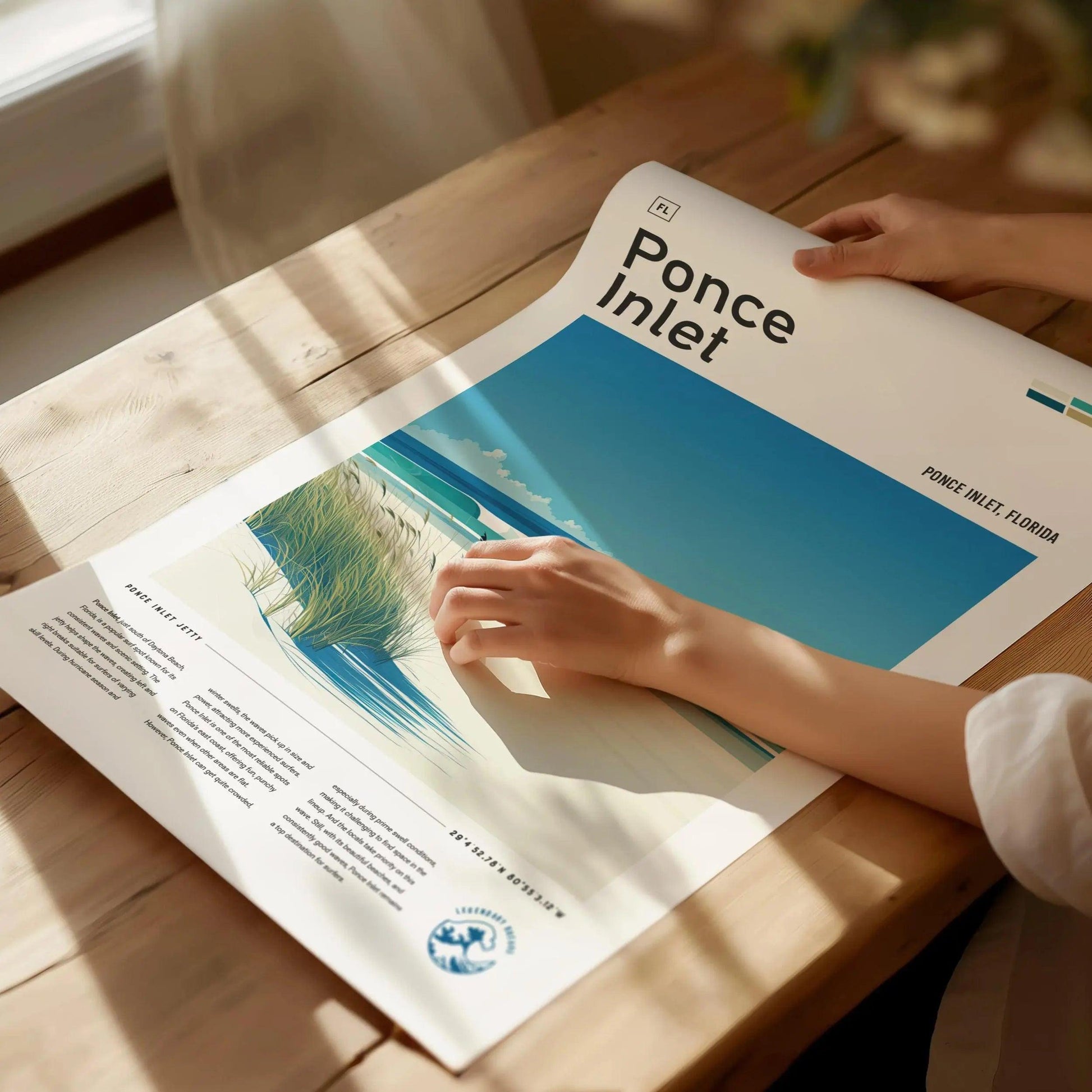 Ponce Inlet Florida Surf Spot Framed Poster | Daytona Beach FL Jetty Wave Travel Print | Surfing Decor Minimal Design Wall Art | Man Cave Decor Surfer Gift - Swell Scenes