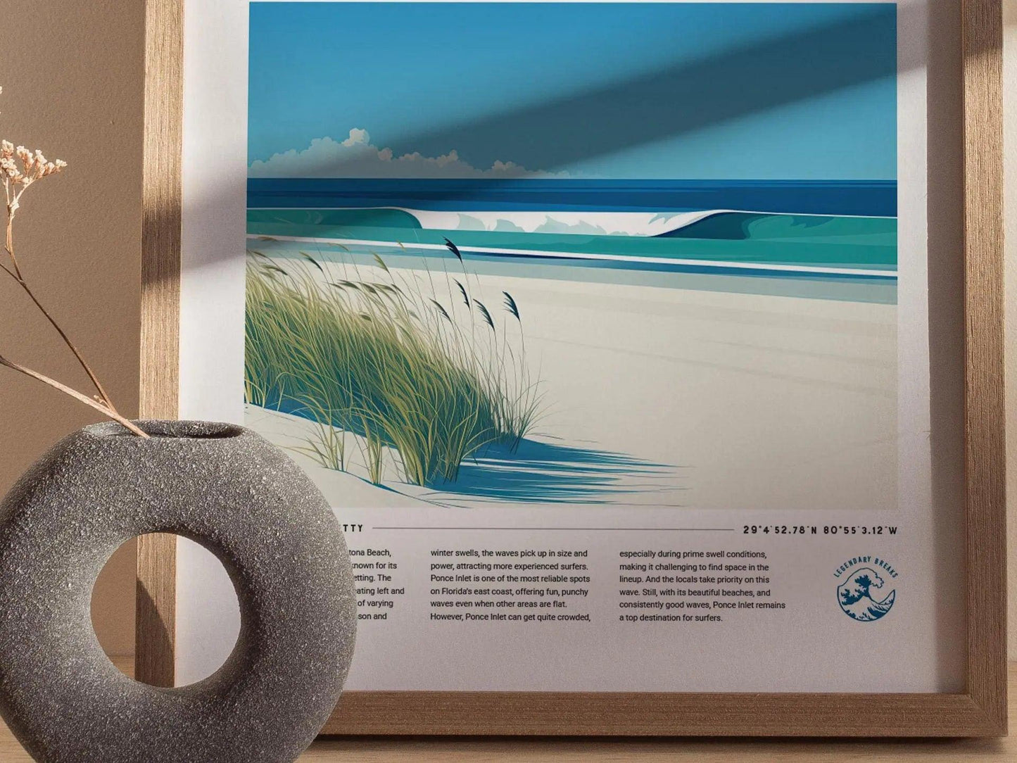 Ponce Inlet Florida Surf Spot Framed Poster | Daytona Beach FL Jetty Wave Travel Print | Surfing Decor Minimal Design Wall Art | Man Cave Decor Surfer Gift - Swell Scenes