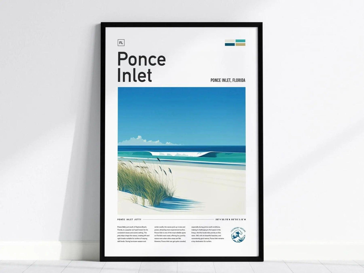 Ponce Inlet Florida Surf Spot Framed Poster | Daytona Beach FL Jetty Wave Travel Print | Surfing Decor Minimal Design Wall Art | Man Cave Decor Surfer Gift - Swell Scenes