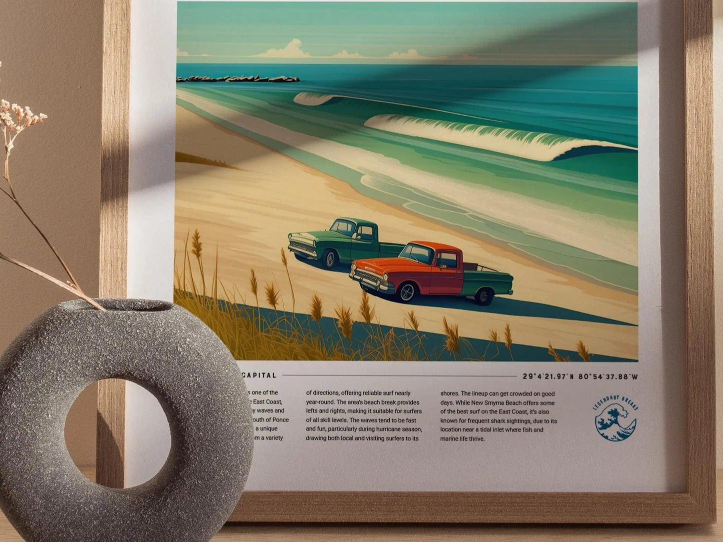 New Smyrna Beach Surf Spot Framed Poster | Shark Attack Capital Florida Wave Wall Art | FL Surfer Travel Print Design | NSB Man Cave Surfing Decor Gift - Swell Scenes