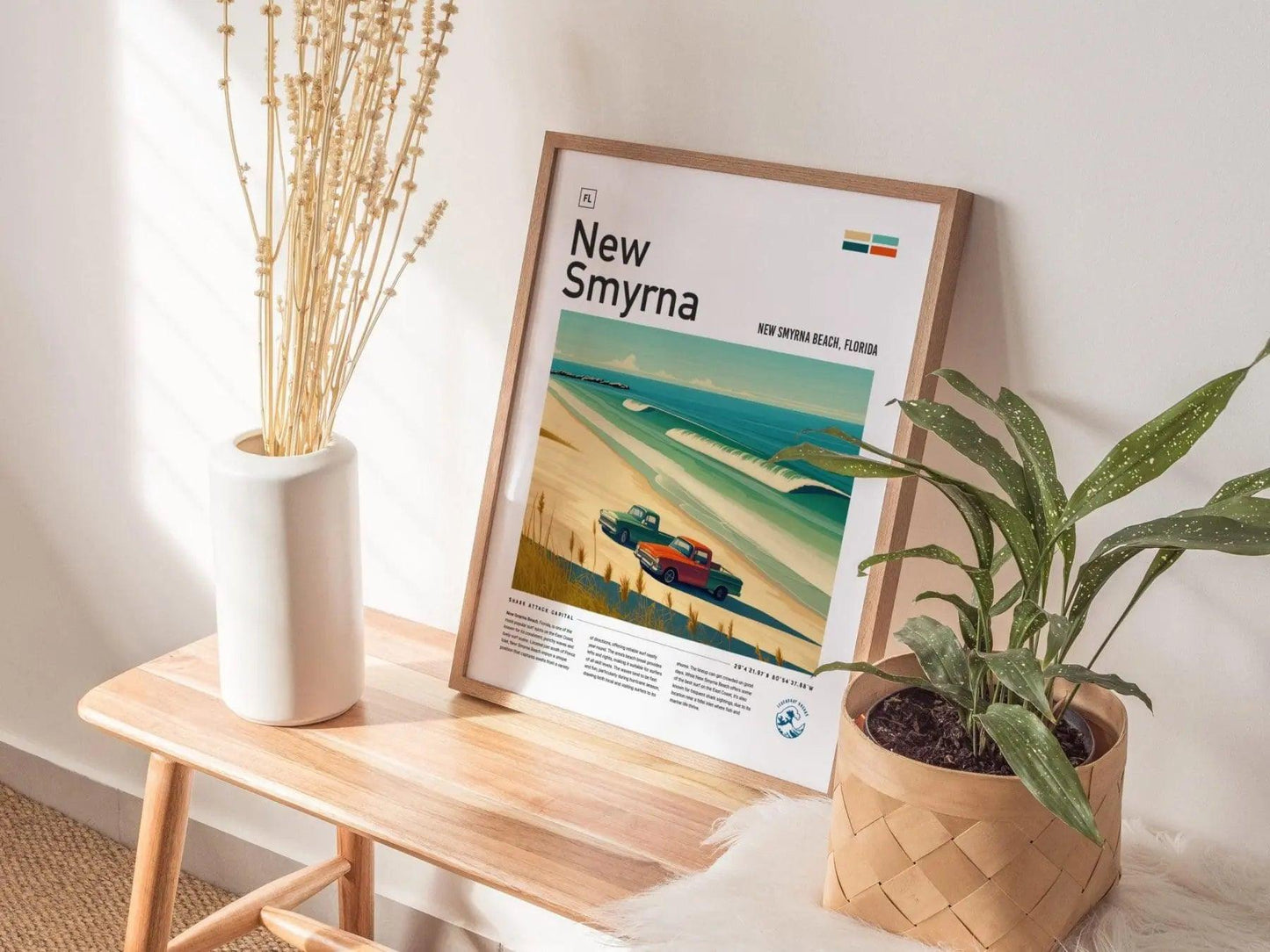 New Smyrna Beach Surf Spot Framed Poster | Shark Attack Capital Florida Wave Wall Art | FL Surfer Travel Print Design | NSB Man Cave Surfing Decor Gift - Swell Scenes