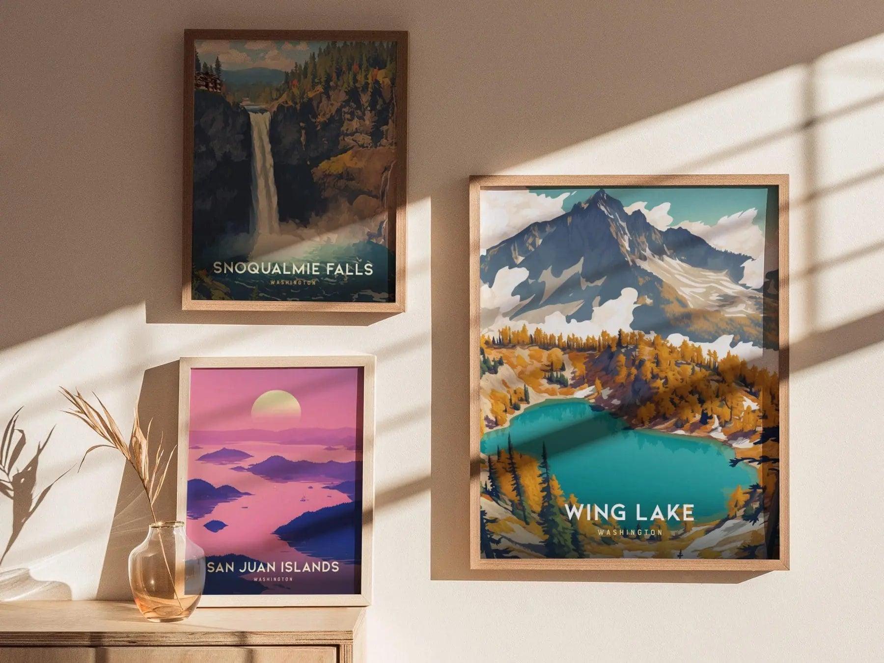 Natural wood framed Wing Lake poster showing peaceful Pacific Northwest mountain lake and Cascade Range peaks