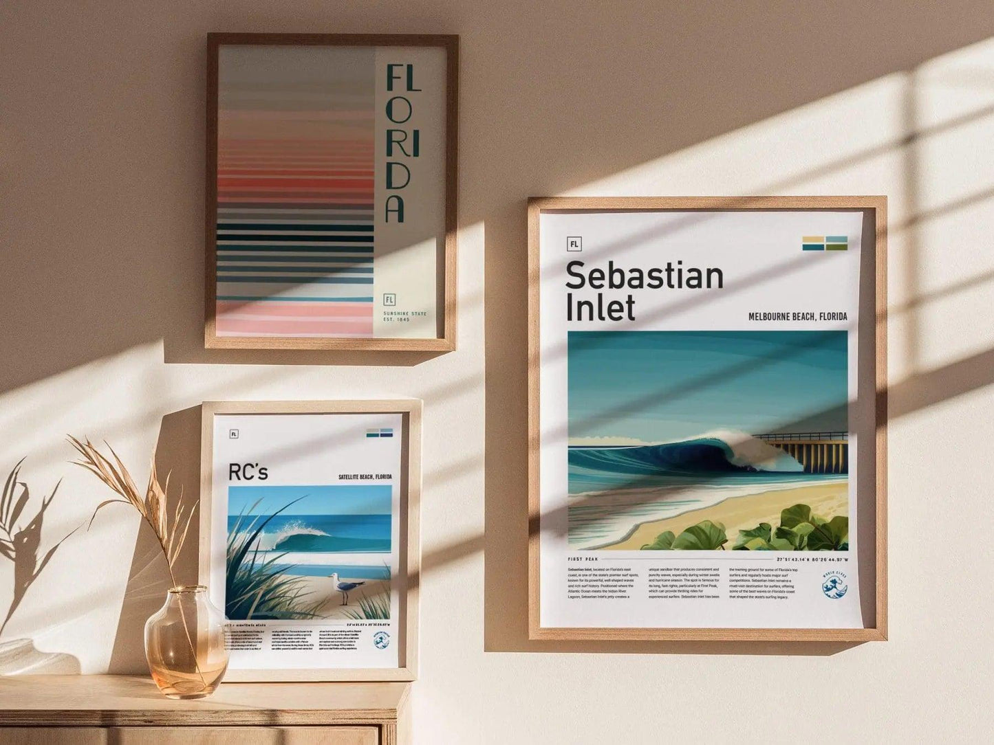Sebastian Inlet Surf Spot Framed Poster | Melbourne Beach Florida Wave Travel Print | FL Surfer Wall Art Decor | Surfing Design Man Cave Gift - Swell Scenes